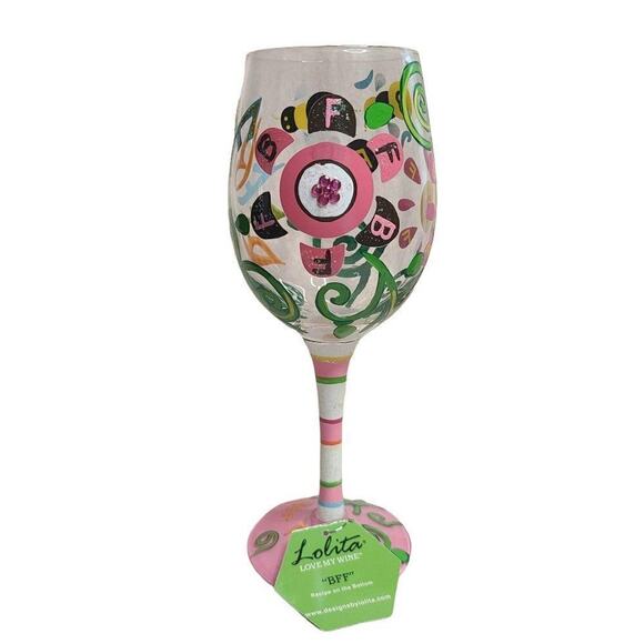 Lolita Dining Drinkware, Hand Painted "Best Friends Forever" Stemmed Wine Glass - Picture 3 of 11